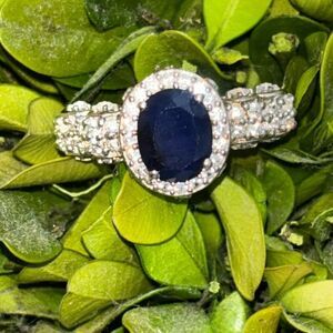 New 925 silver STS medium blue sapphire/ CZ cushion/halo ring Sz 9 fancy setting